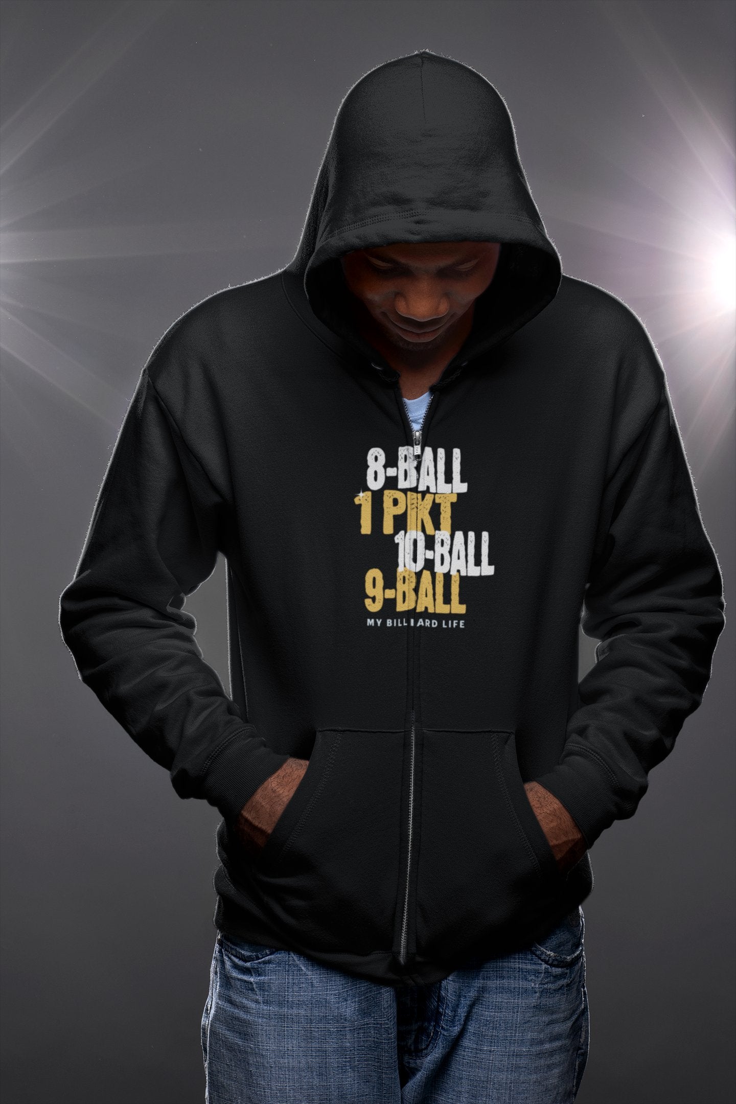 Billiard Full Zip Hoodie - Bfly billiards clothing store - Black unisex full zip hoodie with billiard themed custom design