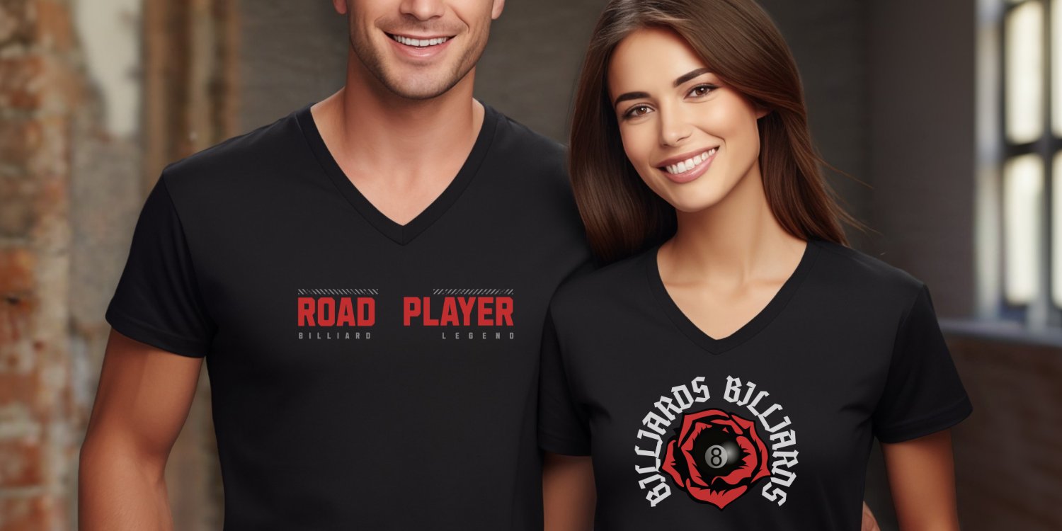 Billiard V-Neck Tee - Bfly billiards clothing store - Black v-neck tshirt with billiard themed custom design