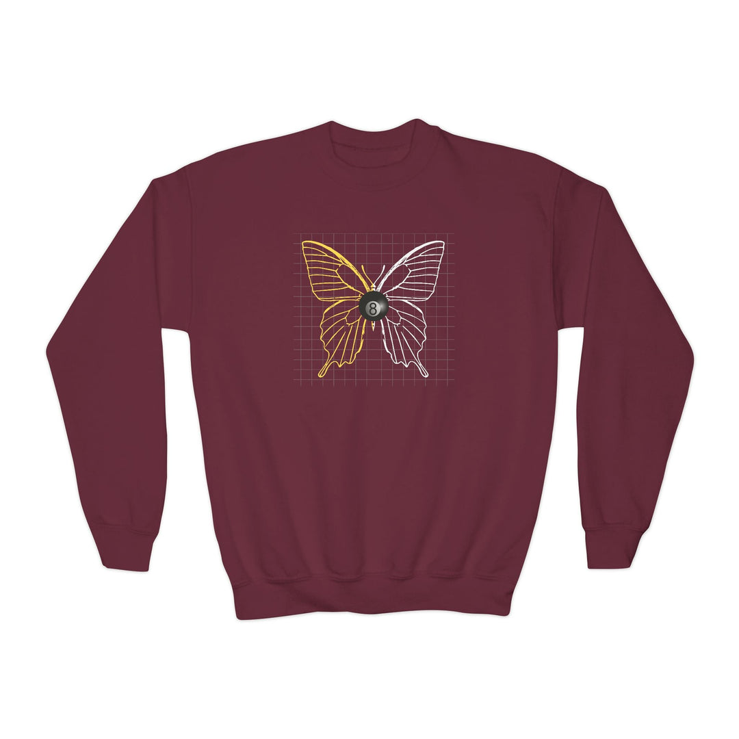 8 Ball Butterfly Grid - Unisex Youth Crewneck Sweatshirt - BFLY BILLIARDS