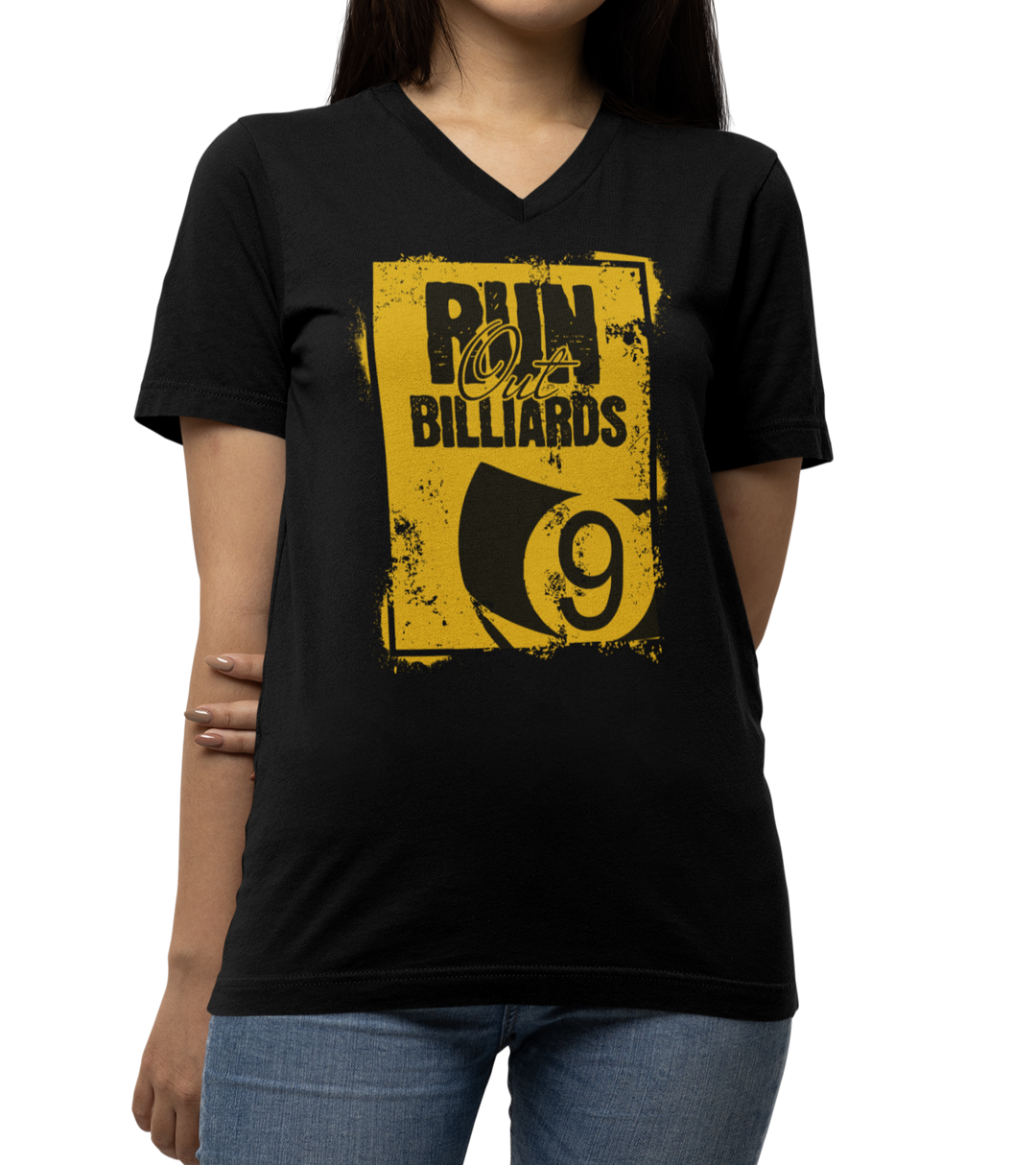 Run Out Billiards 9 Ball - V-Neck Tee