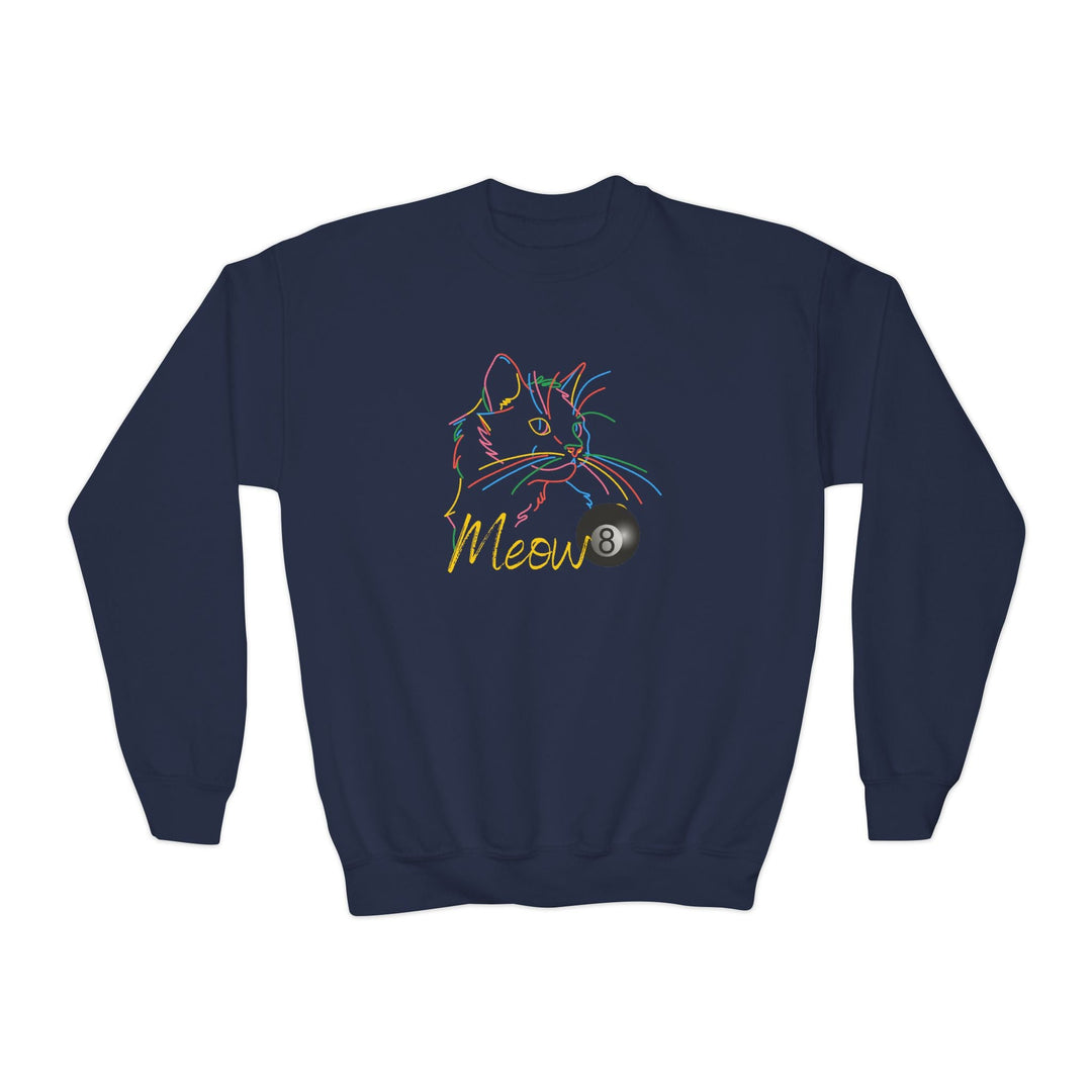 Meow - Neon 8 Ball Cat - Unisex Youth Crewneck Sweatshirt - BFLY BILLIARDS