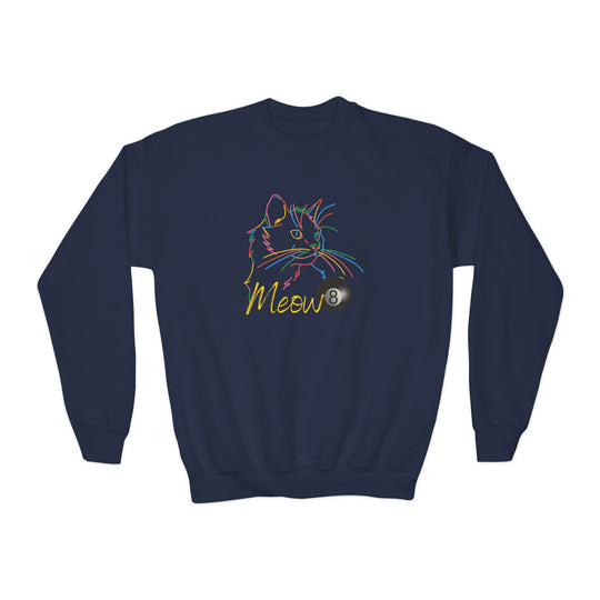 Meow - Neon 8 Ball Cat - Unisex Youth Crewneck Sweatshirt - BFLY BILLIARDS